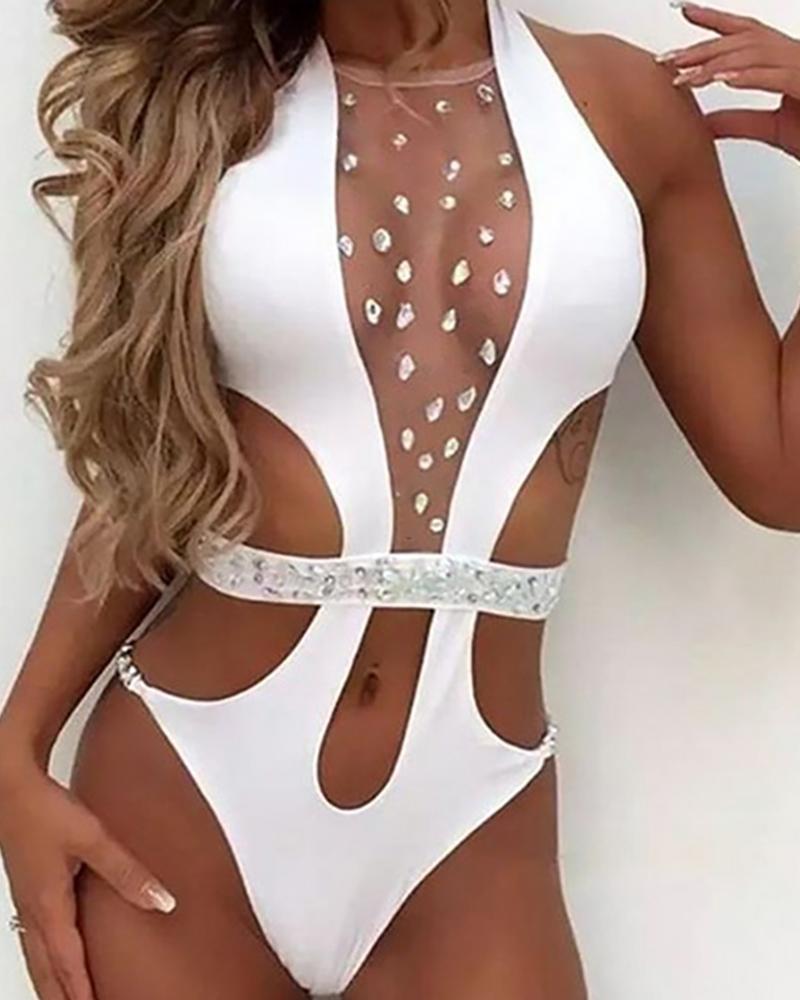 

Sheer Mesh Studded One Piece Swimsuit, White