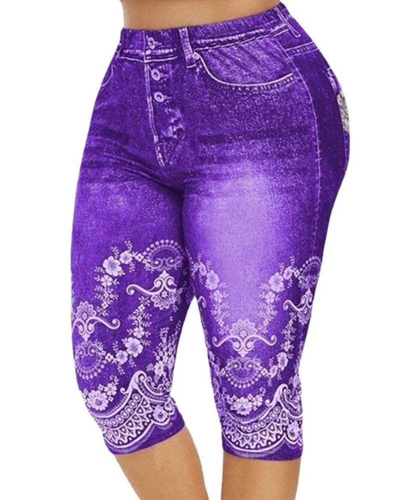

Plus Size Floral Faux Denim Printed High Waist Capris Pants, Purple