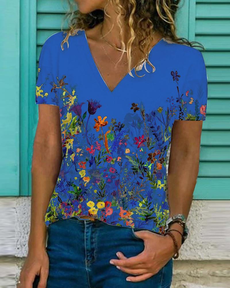 

Floral Print V-Neck Short Sleeve Casual T-shirt, Blue