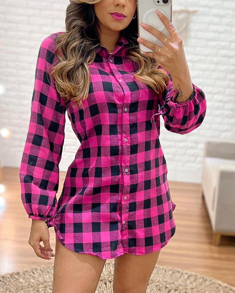 

Plaid Print Long Sleeve Shirt Dress, Hot pink
