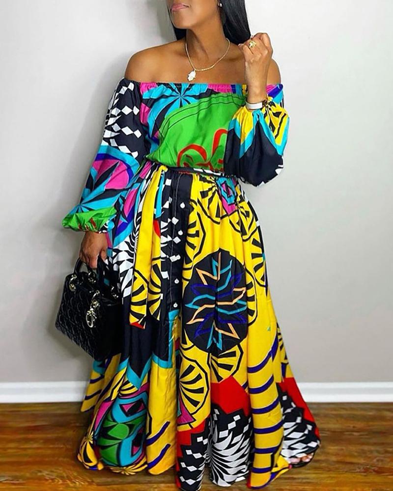 

Off Shoulder Graphic Print Tied Detail Maxi Dress, Yellow