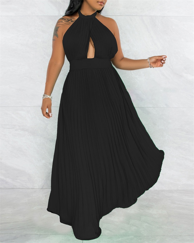 

Halter Backless Pleated Maxi Dress, Black