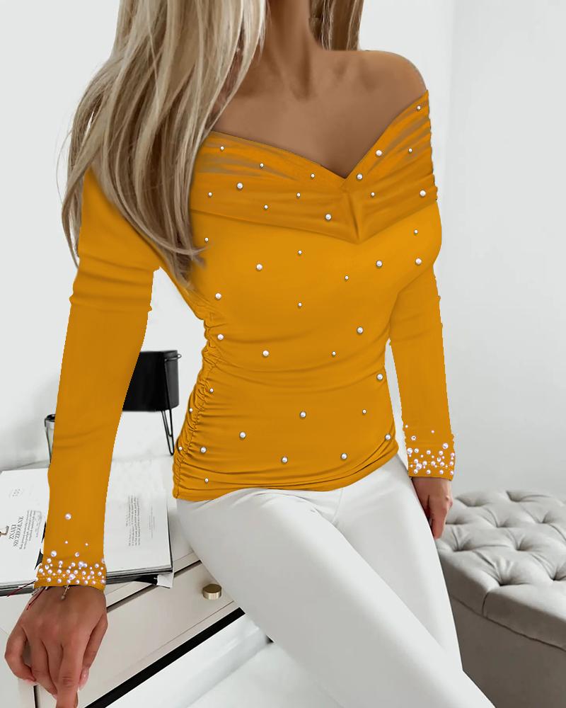 

Sheer Mesh Patch Ruched Beaded Off Shoulder Top, Yellow