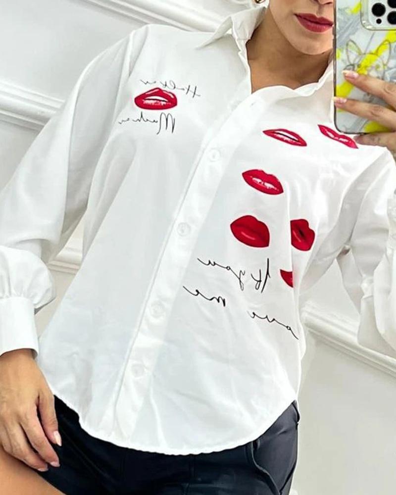 

Lip Print Buttoned Long Sleeve Shirt, White