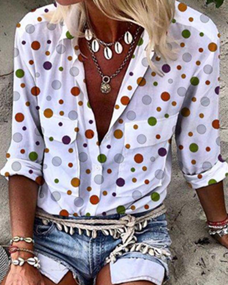 

Double Pockets Dot Print Shirt, White
