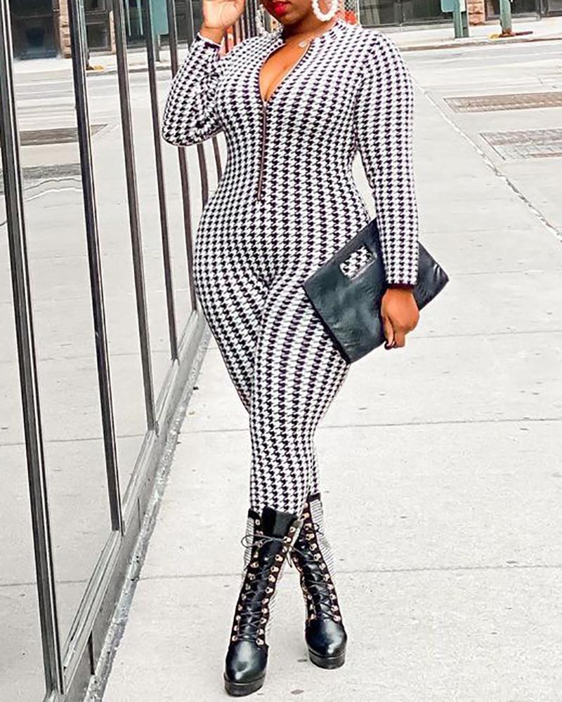 

Plus Size Zipper Design Houndstooth Print Jumpsuit, White