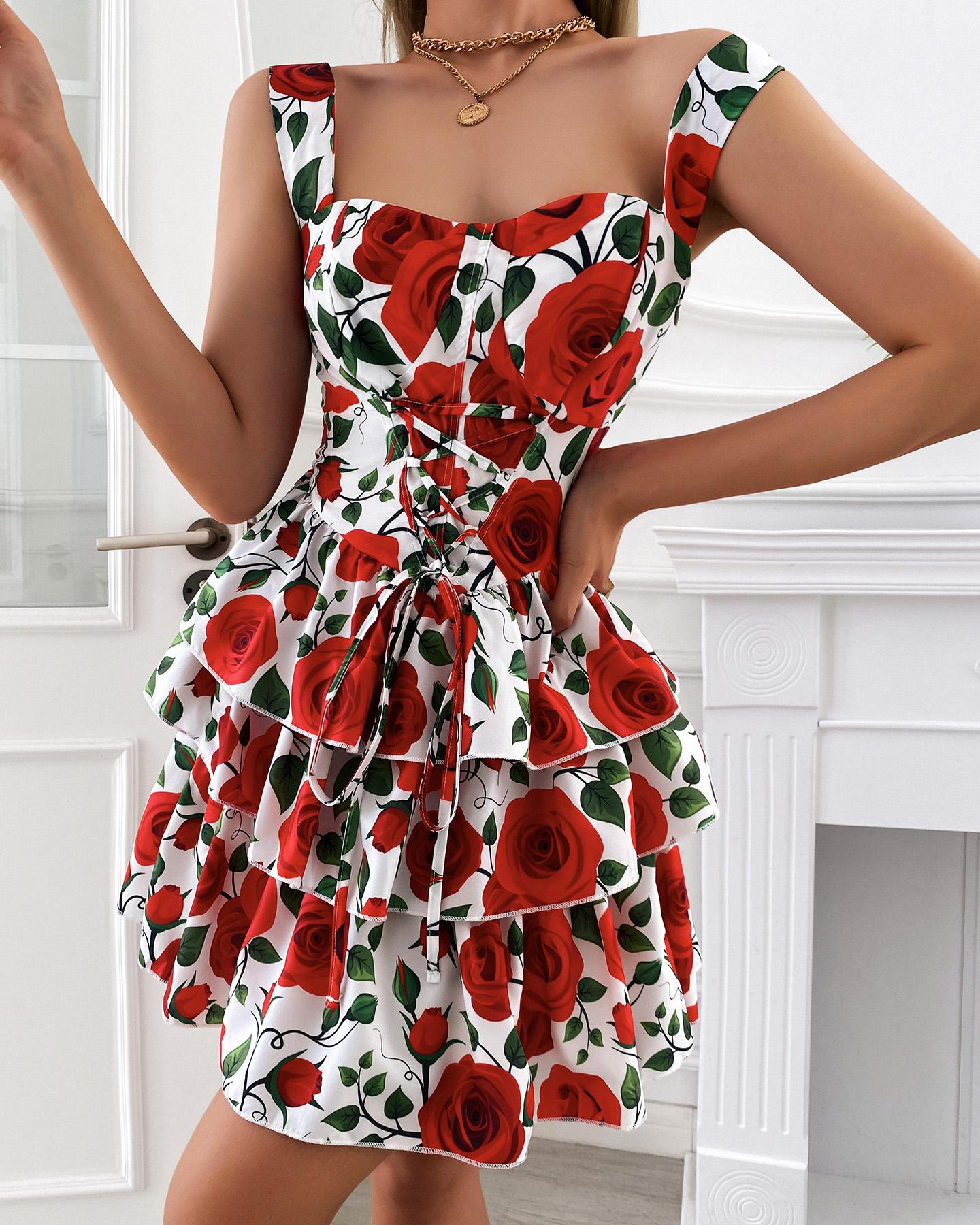 

Layered Ruffles Lace-up Backless Floral Print Dress, Red