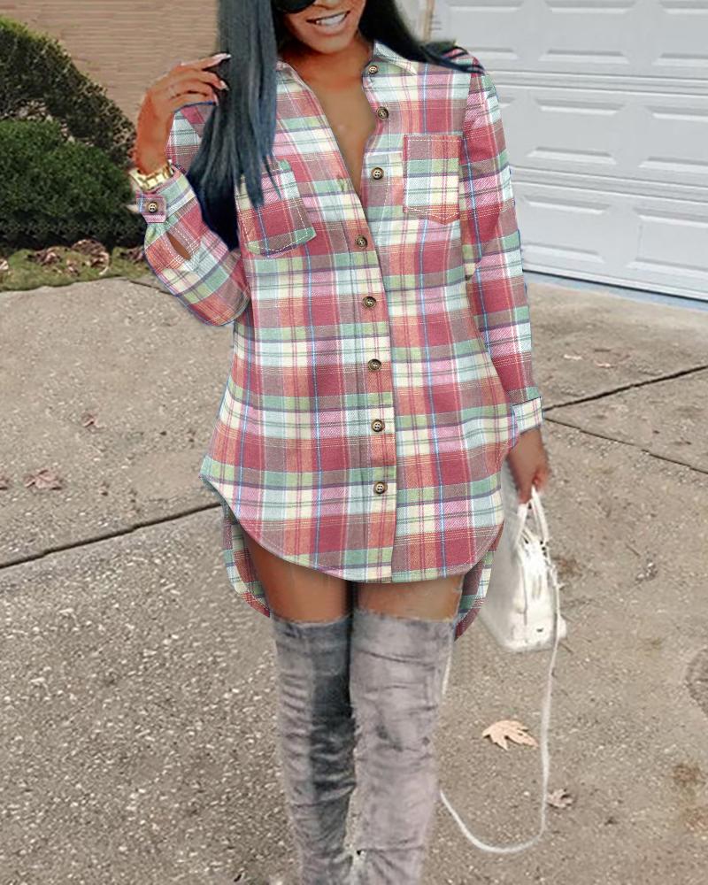 

Plaid Print Dip Hem Buttoned Shirt Dress, Multicolor