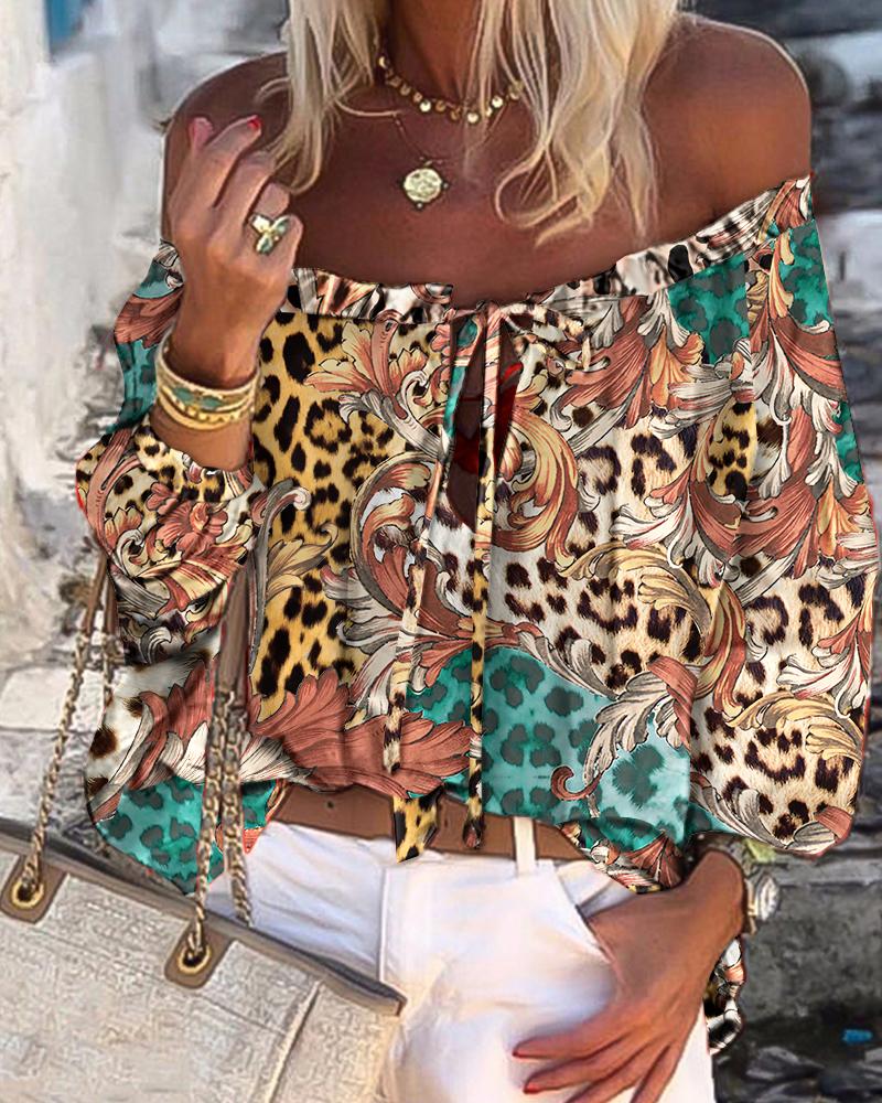 

Leopard Print Off Shoulder Frill Hem Top