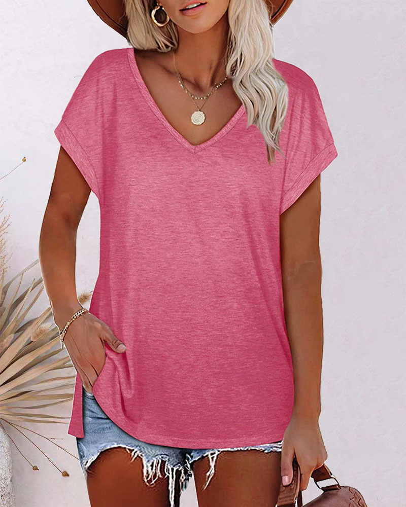 

Batwing Sleeve Split Hem Basic T-shirt, Pink