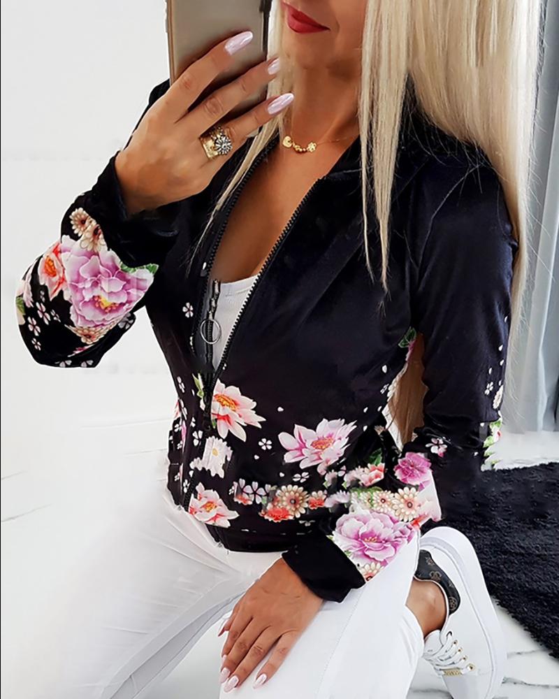 

Floral Print Zipper Design Long Sleeve Coat, Black