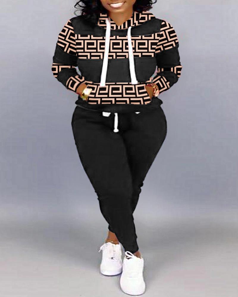 

Plus Size Geometric Print Long Sleeve Top & Pants Set, Black