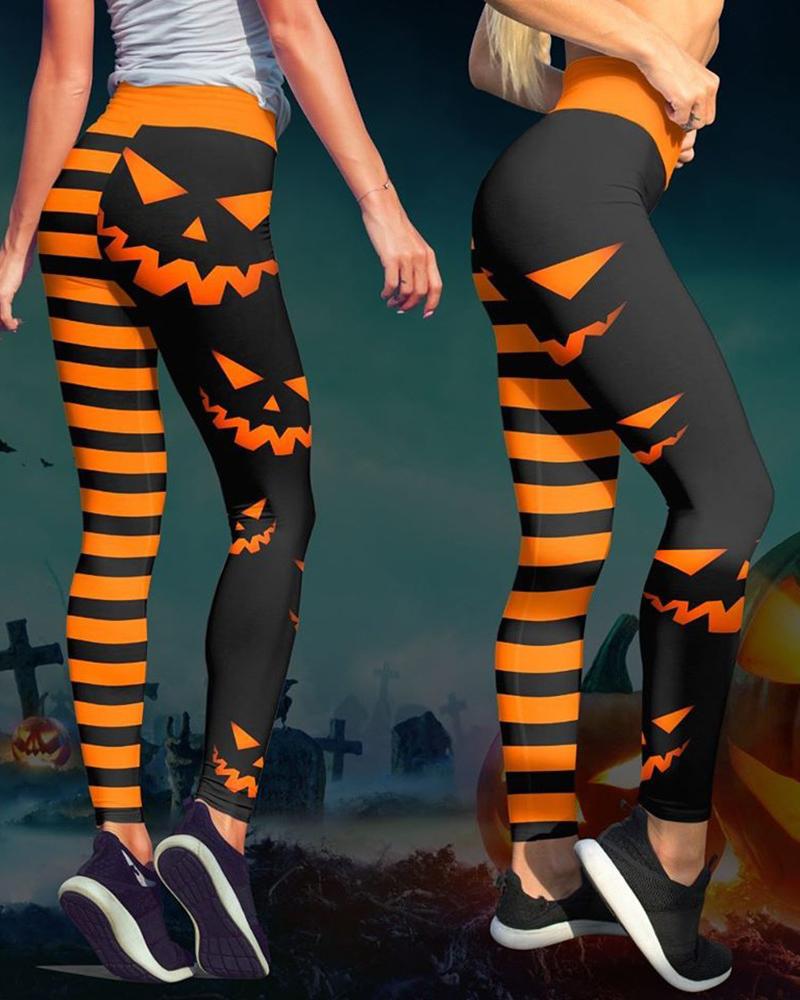 

Halloween Graphic Print High Waist Leggings, Orange