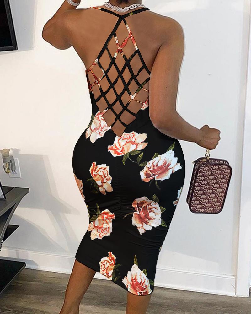 

Floral Print Splicing Fishnet Backless Sleeveless Skinny Dress, Black