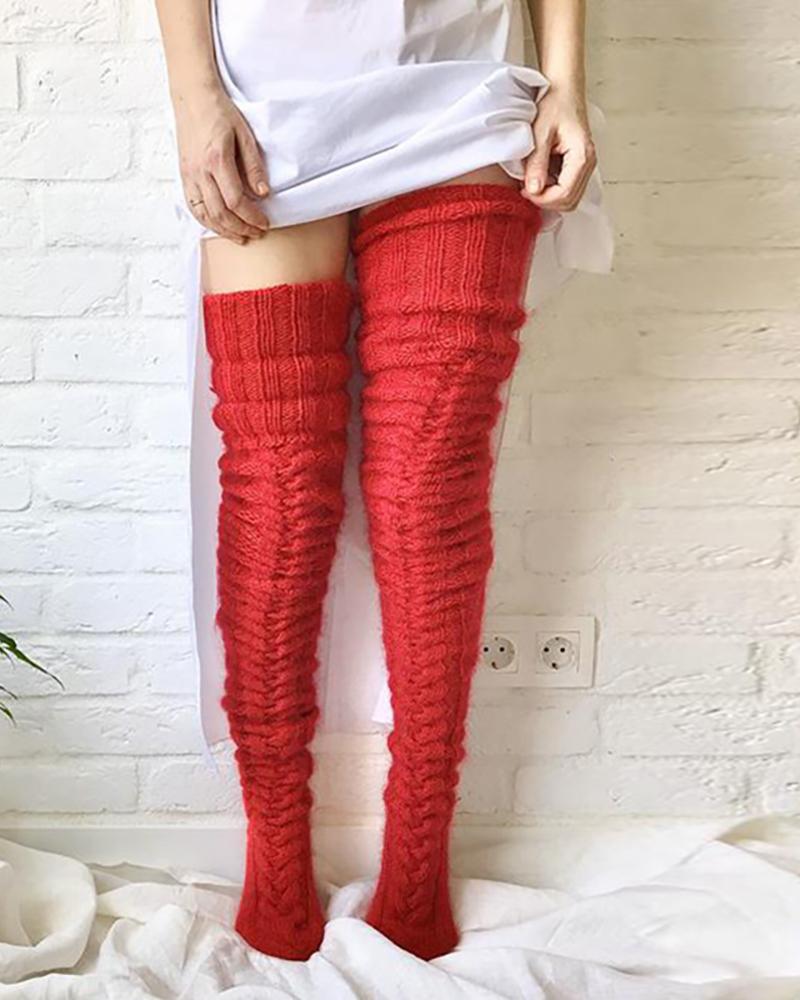 

Braided Knit Over The Knee Socks, Red