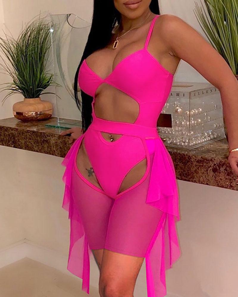 

Cutout Front One Piece Swimsuit With Ruffles Mesh Cover Up Skirt, Hot pink