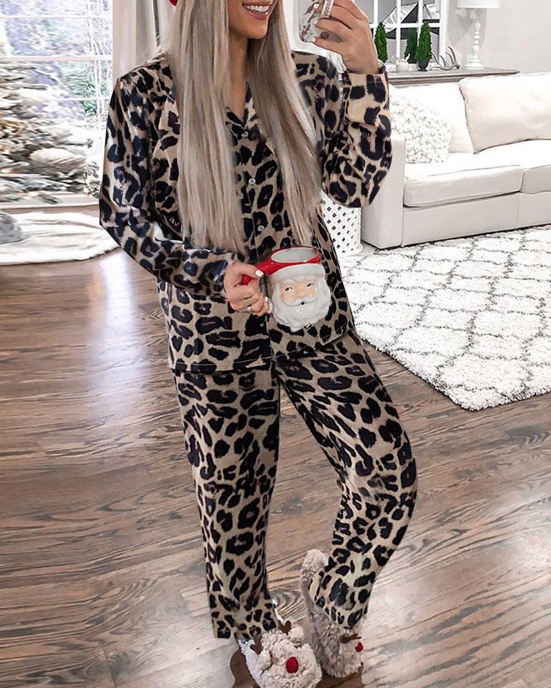 

Christmas Plaid Print Pajamas Set, Leopard