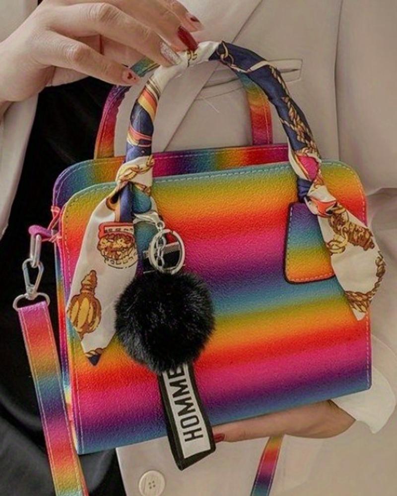 

Rainbow Gradient Top Handle Satchel Bag With Scarf, Multicolor
