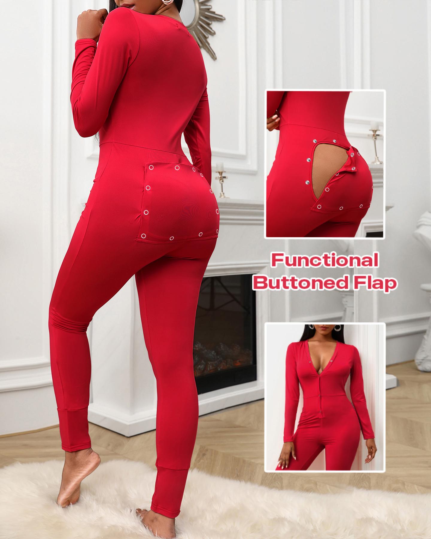 

Plain Functional Buttoned Flap Adults Pajamas, Red
