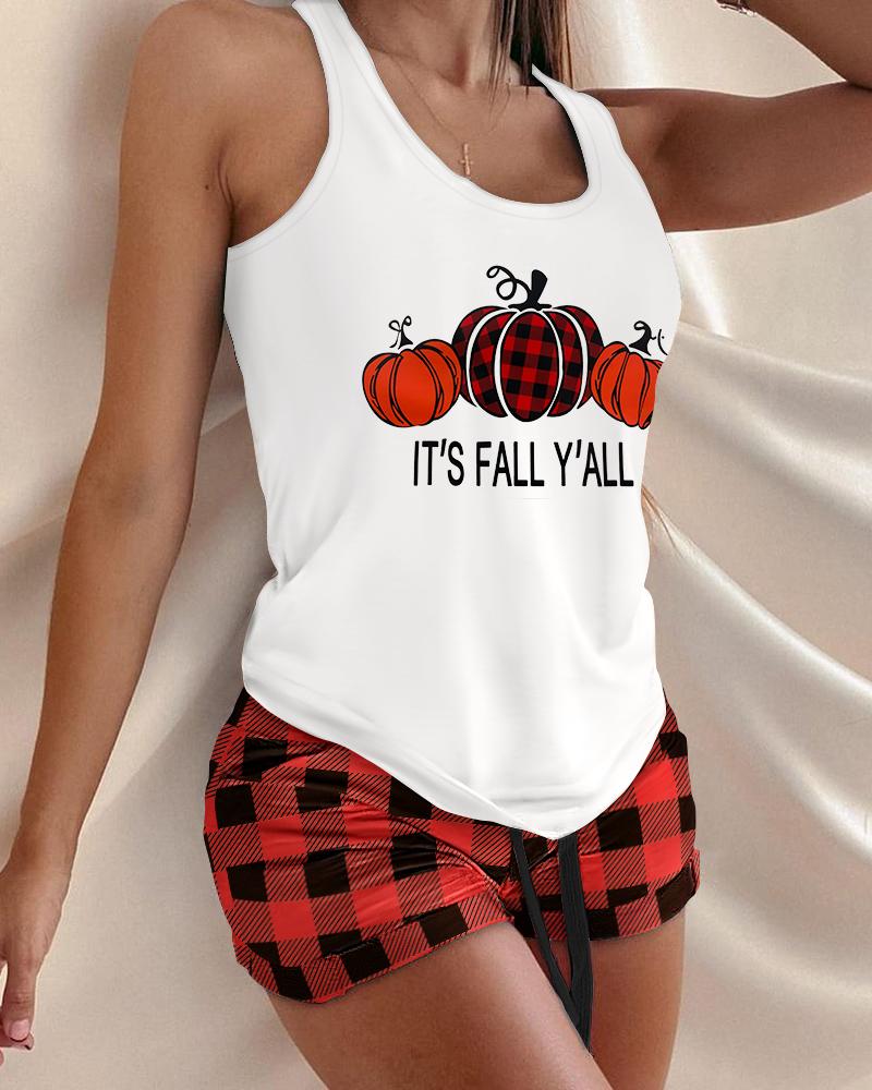

Halloween Graphic Cartoon Print Tank Top & Paid Print Shorts Set, White
