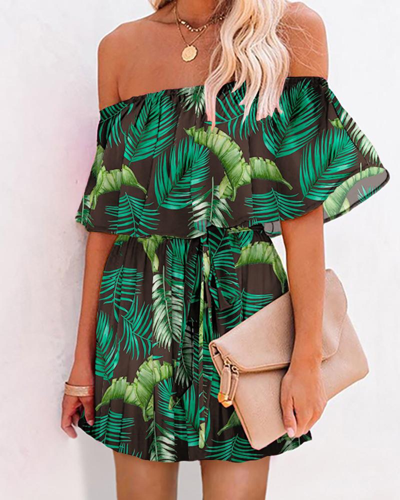 

Tropical Print Off Shoulder Ruffle Hem Belted Casual Dress, Green