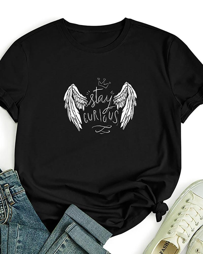 

Graphic Text Angel Print Round Neck Cotton Basic Top, Black