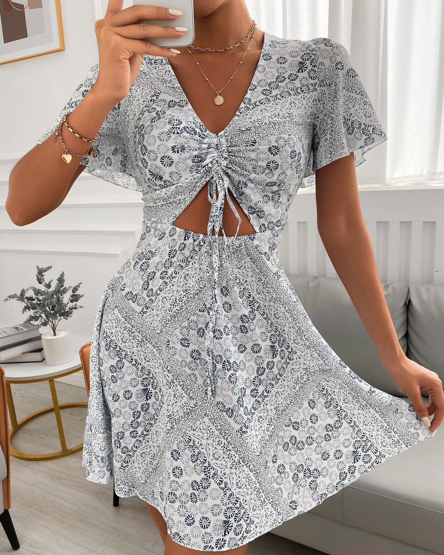 

Floral Print Cut Out Mini Dress, White