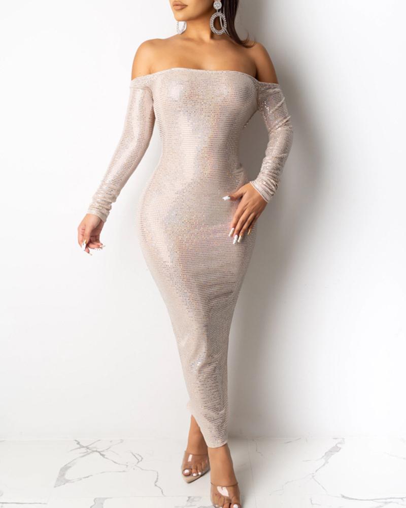 

Glitter Off Shoulder Backless Long Sleeve Dress, White