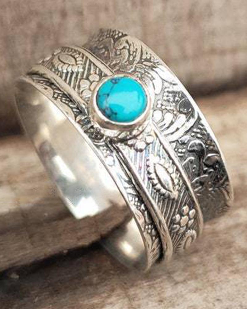 

1pc Bohemian Turquoise Embossed Vintage Ring, Silver