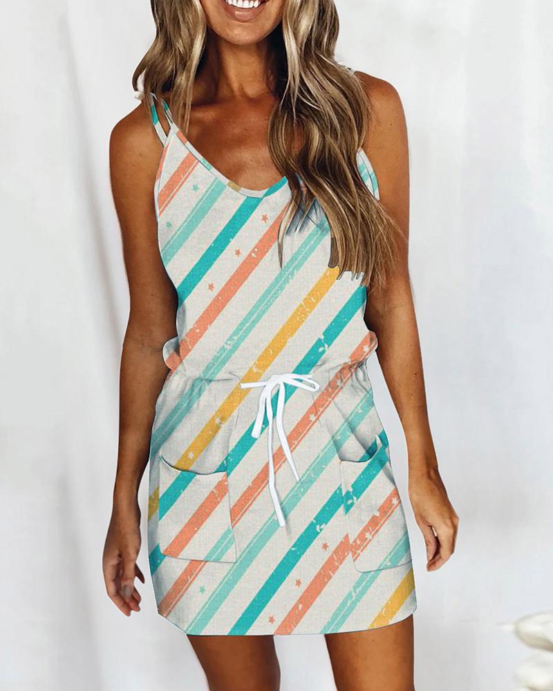 

Pocket Decor Striped Print Drawstring Cami Dress, Style1