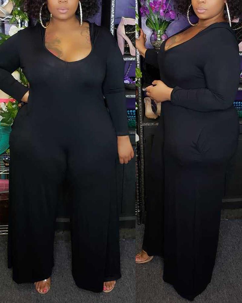 

Plus Size Long Sleeve Hooded Wide Leg Jumpsuit, Black