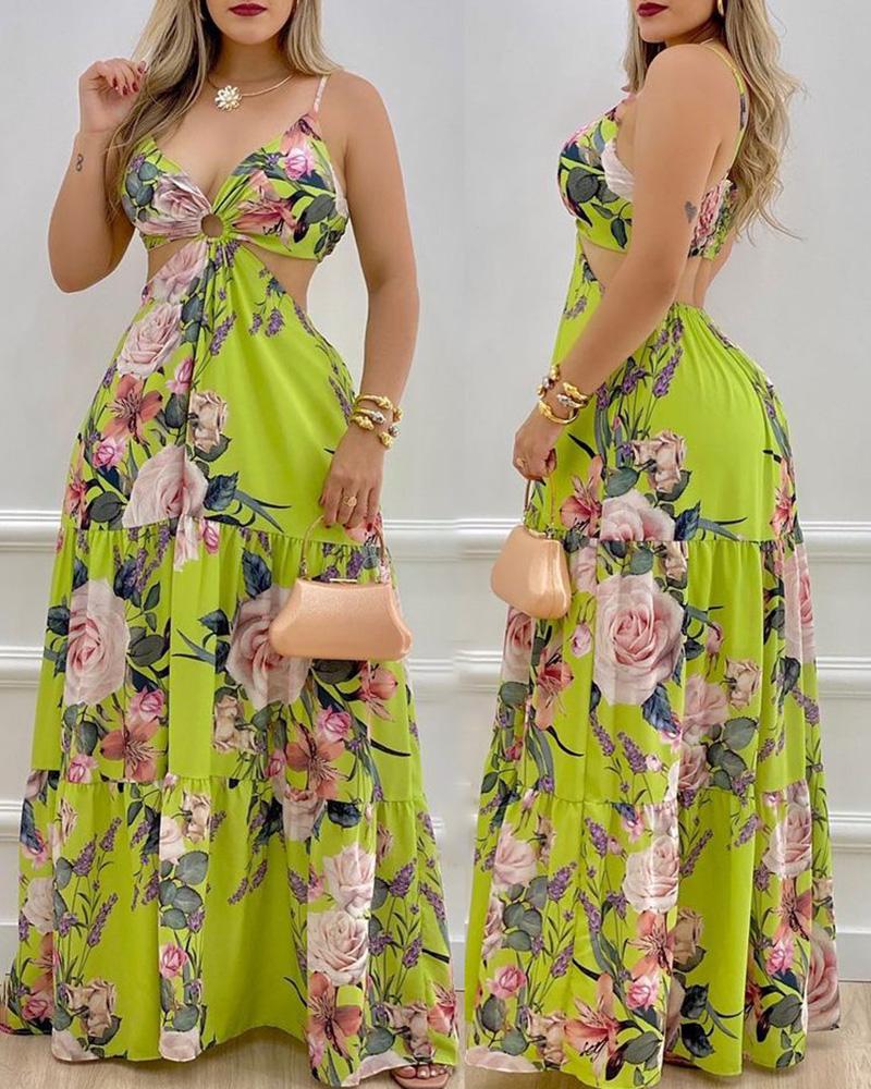 

O-Ring Decor Floral Print Cutout Maxi Dress, Green