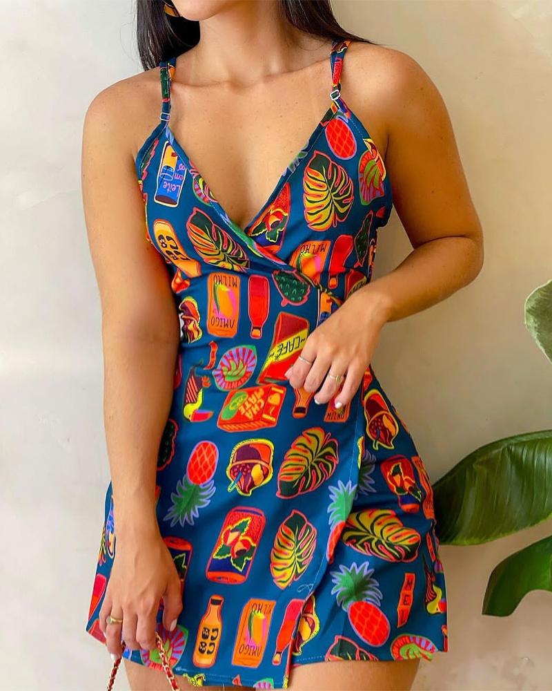 

Fruit Leaf Print Tied Detail Romper, Multicolor
