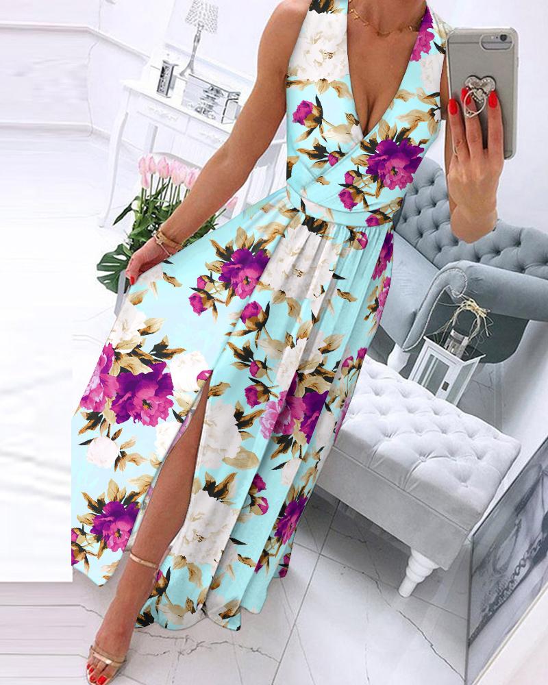 

Floral Print Sleeveless Split Thigh Maxi Dress, Multicolor