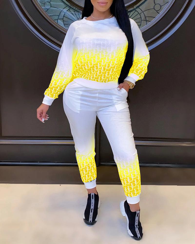 

Digital Print Long Sleeve Top & Pocket Design Pants Set, Yellow