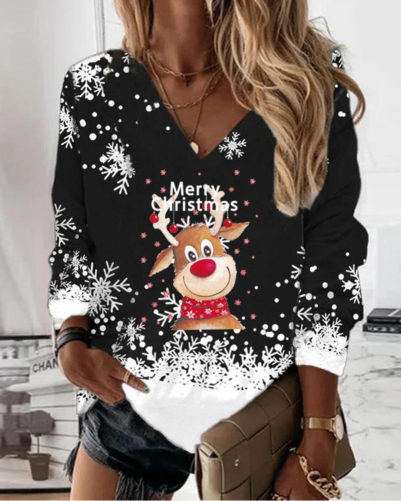 

Christmas Snowflake Elk Print Long Sleeve Top, Black
