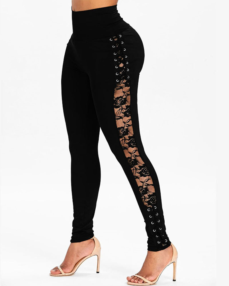 

Contrast Lace Eyelet Lace-up Butt Lift Yoga Pants, Black