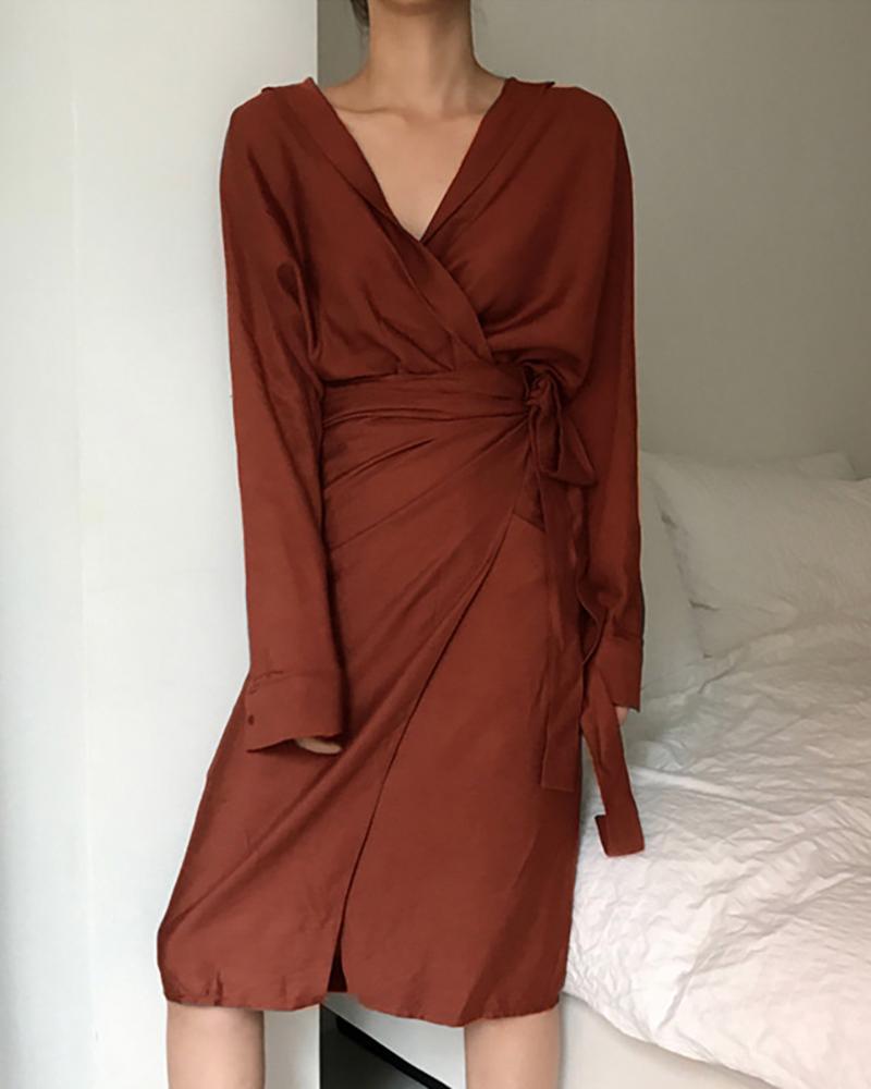 

Tied Detail Long Sleeve Plain Casual Dress, Wine red
