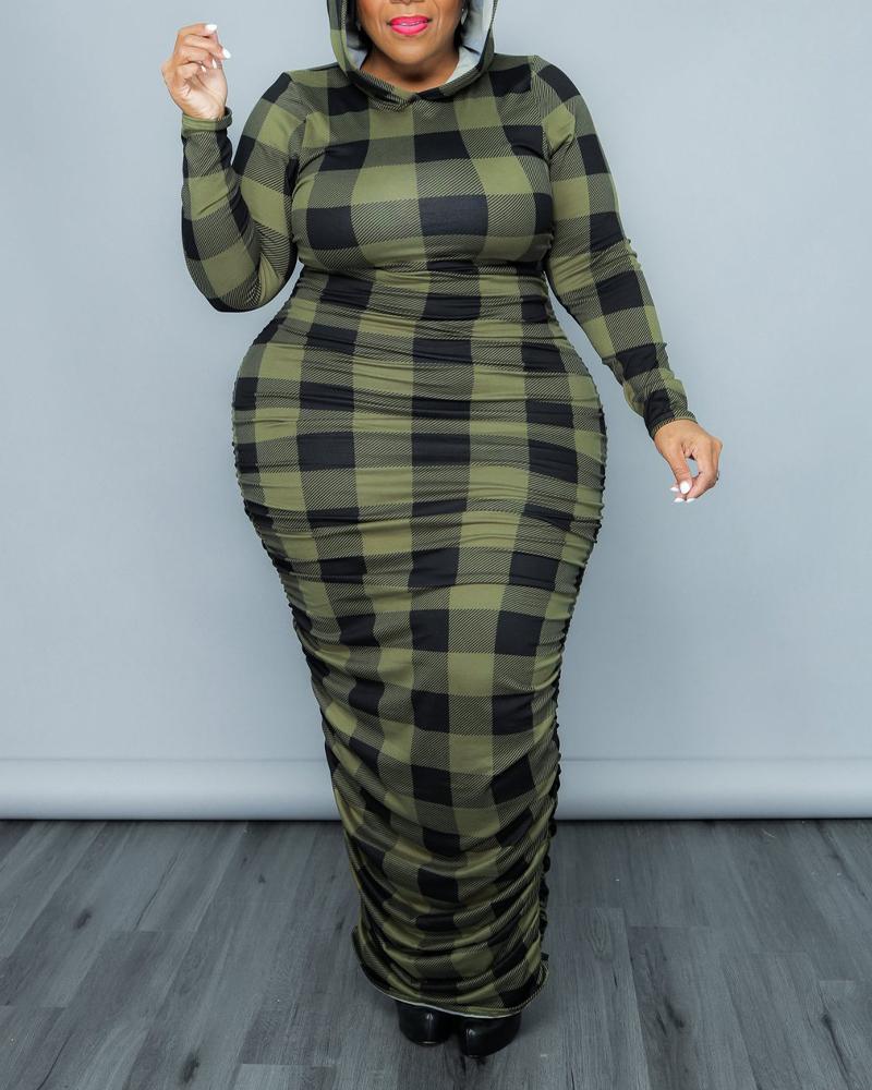 

Plus Size Plaid Print Long Sleeve Ruched Maxi Dress, Green