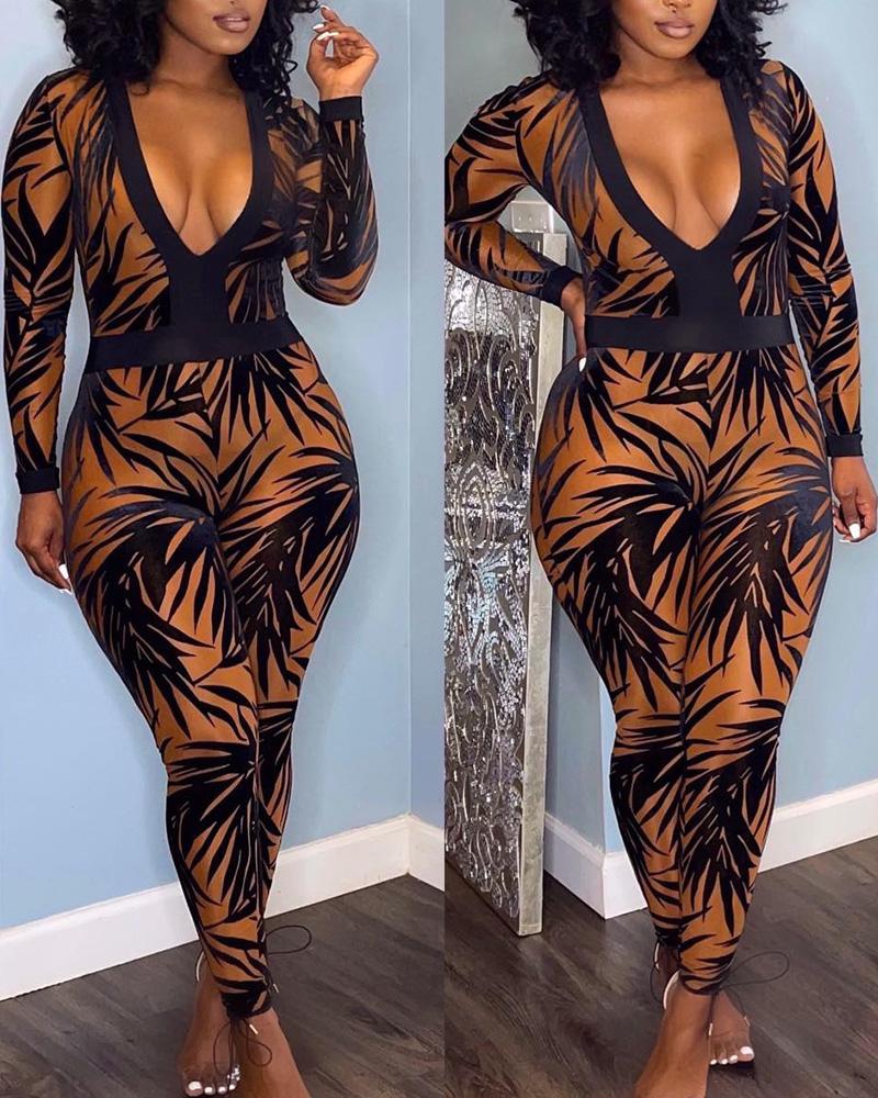 

Plants Print Long Sleeve Skinny Jumpsuit, Black