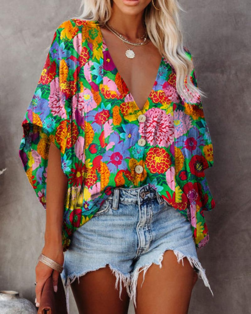 

Multicolor Flowers Print Half Sleeve Loose Button-up Blouse