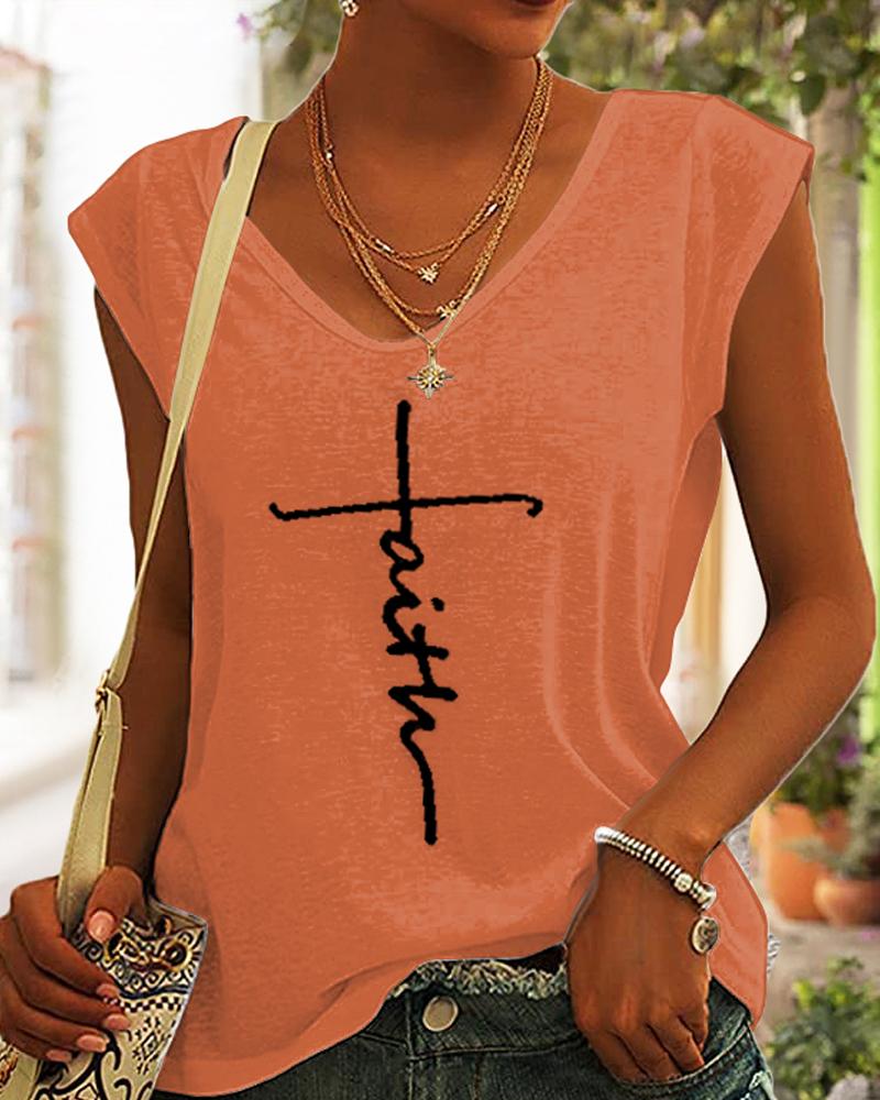 

Faith Print V-Neck Cap Sleeve T-shirt, Orange
