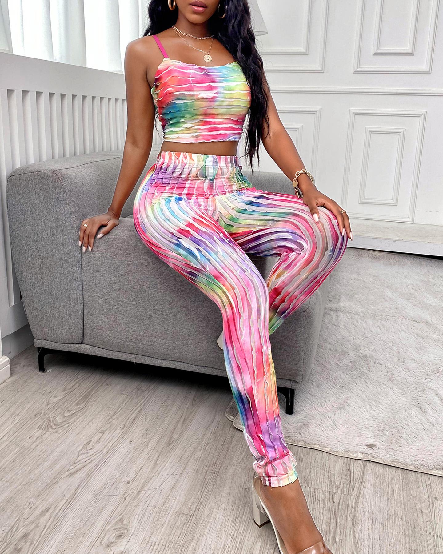 

Colorblock Frill Hem Crop Top & High Waist Pants Set, Multicolor