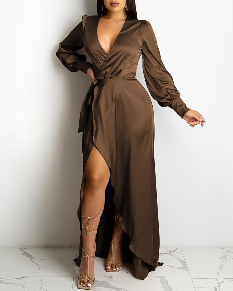 

Lantern Sleeve Plunge High Slit Party Dress, Coffee