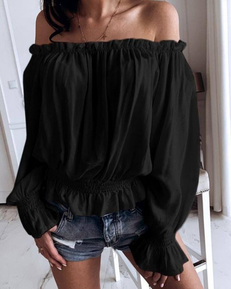 

Solid Frill Trim Off Shoulder Flounce Sleeve Shirred Blouse, Black