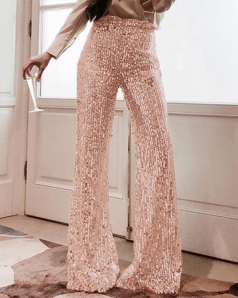 

High Waist Sequins Bell Bottomed Pants, Rose gold