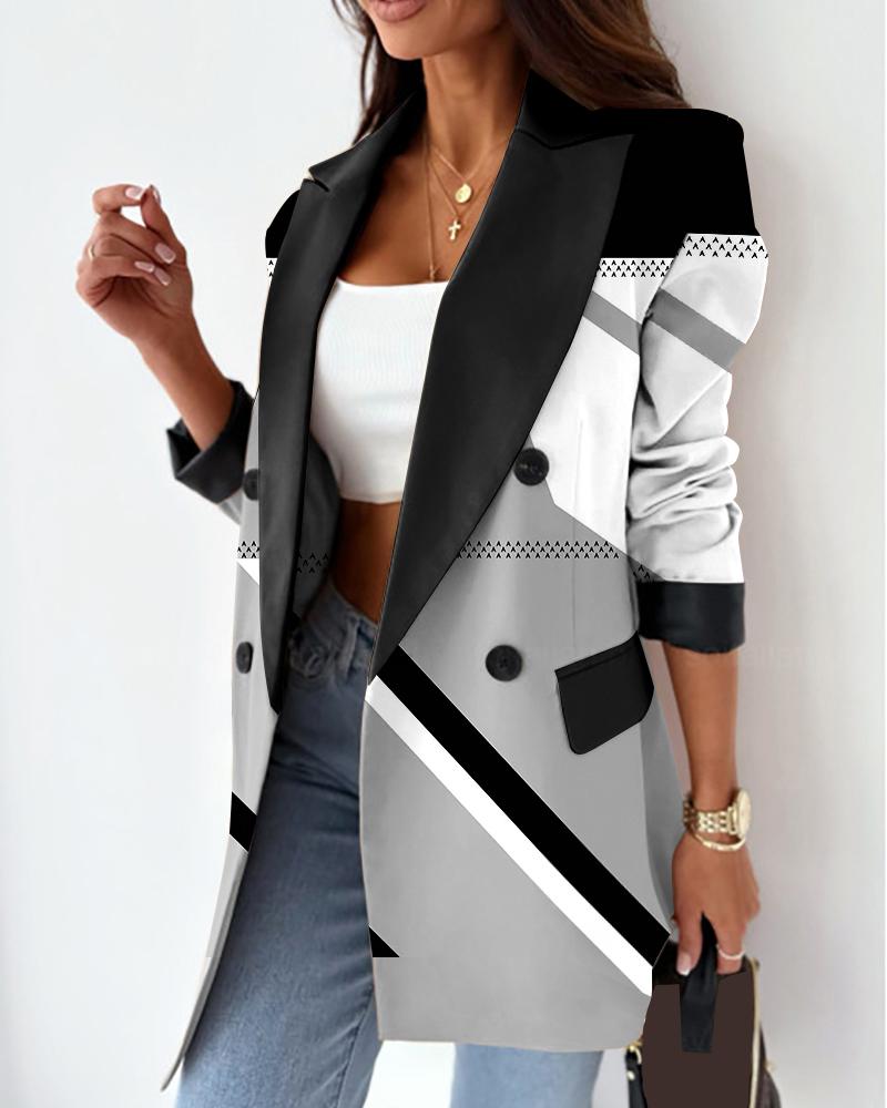 

Geometric Print Double Breasted Blazer Coat, Blackwhite