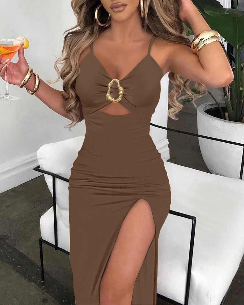 

Vestido de noite com decote em V, alças finas ajustáveis, decote alto e fenda alta, com decote profundo e decoração de anel de metal, Coffee