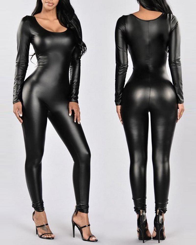 

PU Leather Long Sleeve Skinny Jumpsuit, Black