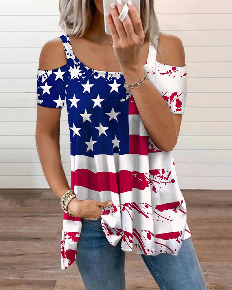 

American Flag Print Strap Ruched Top, Multicolor